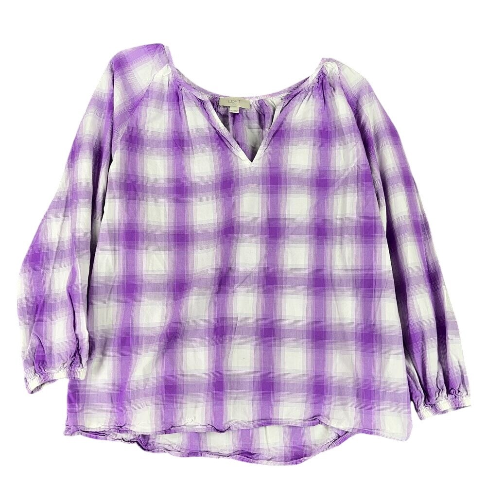 Loft Plaid Peasant Blouse Women S Relaxed Cottagecore Boho Casual Softgirl Easy